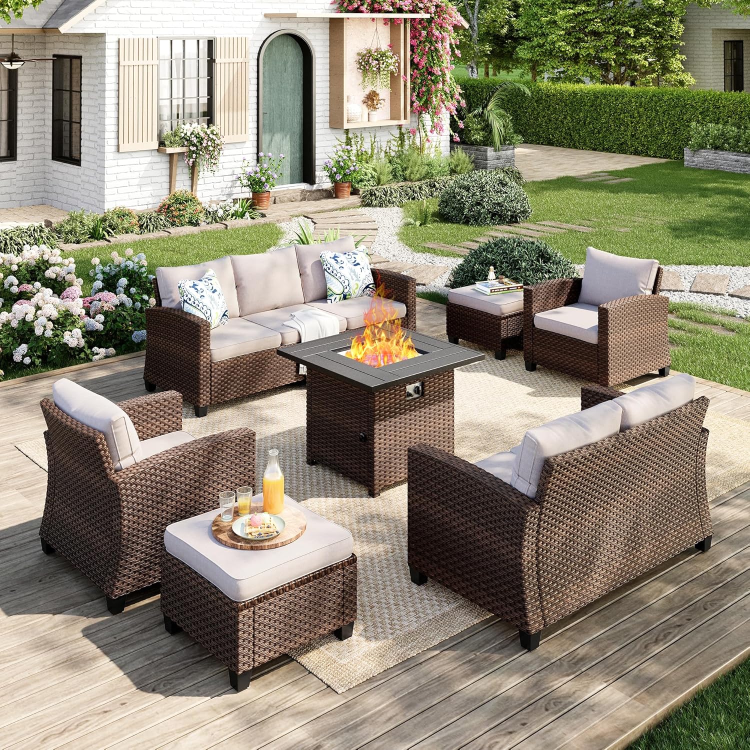 Patio Furniture Set, 8 Pcs Wicker Rattan Outdoor Conversation Set, 4 x Leg Chairs, 1 x 3 Seater Sofa and 2 x Ottoman with 4" Thick Cushion and 56" Fire Pit Table, Beige