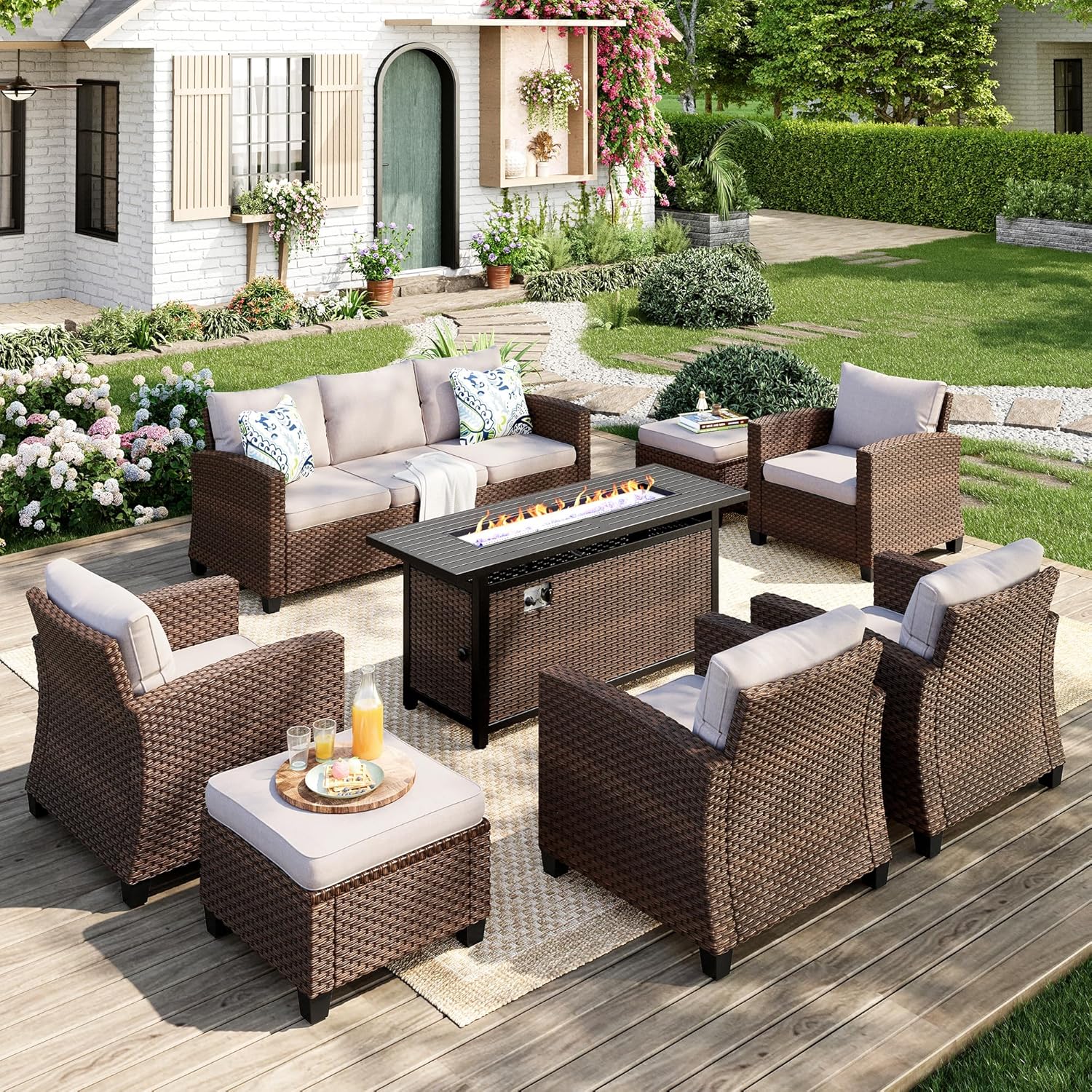 Patio Furniture Set, 8 Pcs Wicker Rattan Outdoor Conversation Set, 4 x Leg Chairs, 1 x 3 Seater Sofa and 2 x Ottoman with 4" Thick Cushion and 56" Fire Pit Table, Beige